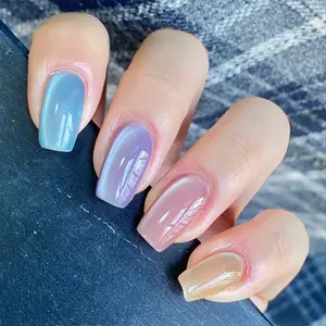 24pcs Aurora Cat Eye Short Square Nail Art, Ice Transparent Nude Gradient False Nails, Simple Clear Elegant Manicure Stickers