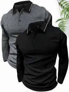2-pack long-sleeved POLO shirt lapel T-shirt spring and autumn simple retro casual men's wear daily outdoor sports light business outdoor running wear tops