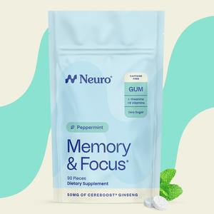 Neuro Peppermint Memory & Focus Decaf Gum - Sugar Free with American Ginseng, L-theanine, Vitamin B12 & Vitamin B6