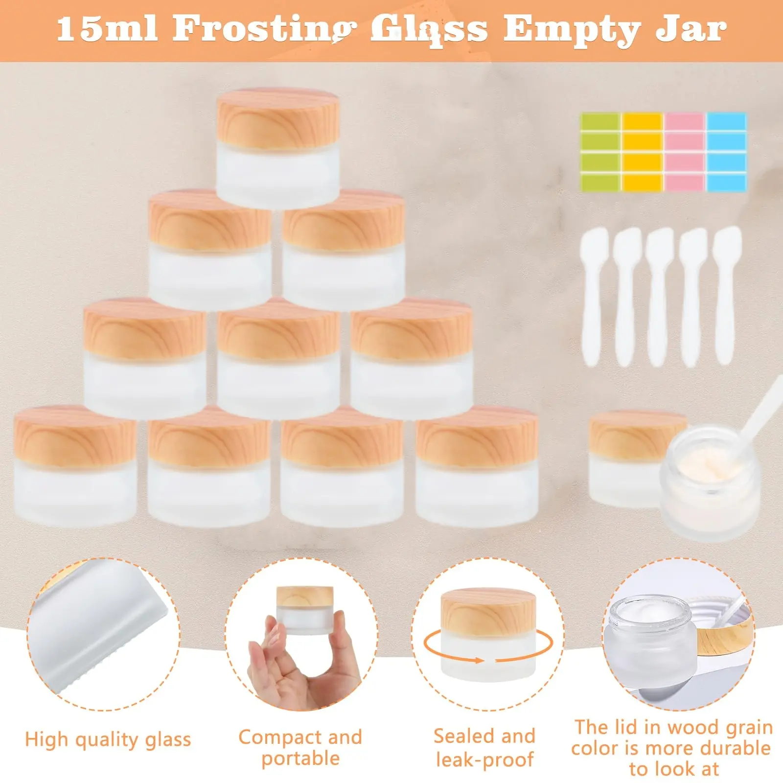 10PCS Glass Jars, 15 Ml Cream Jars for Filling, Glass Cream Jar with Spatula and Label Stickers, Small Tins with Lids, Empty Jars for Cosmetics, Lip Balms, Refillable Containers, Travel Containers Bottles Lightweight Set Canister Organiser