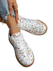 Vintage Floral Printed Low Top Casual Sneakers, Fashion Lace-Up Flat Daily Walking Shoes For Women Trainer