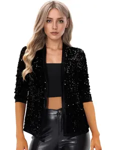 INSPIRE CHIC Sequin Cardigan 3/4 Sleeve Open Front Party Velvet Sequin Jackets