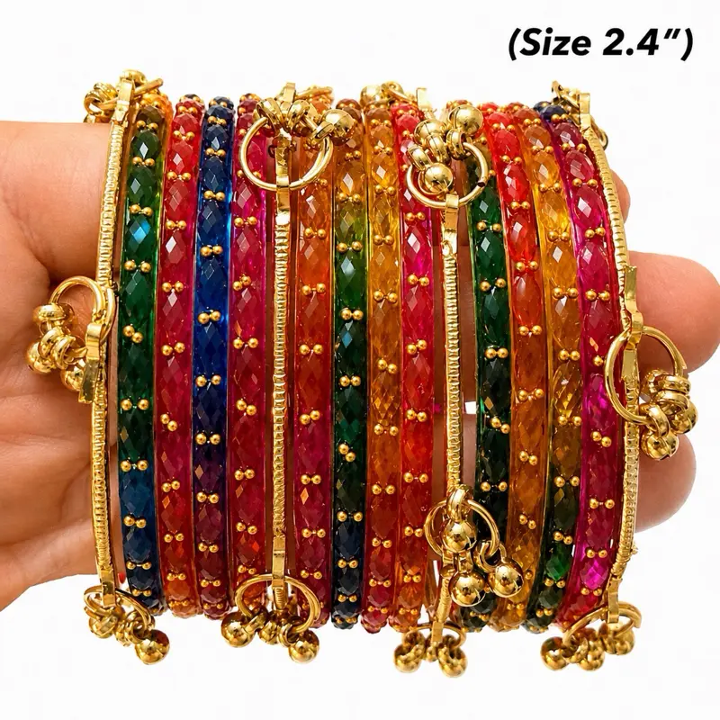Premium Raindrop Glass & Metal Stacking Bangles with Kashmiri Ghungroo, Sparkling Shine, Casual Wear (Set of 16, Size 2.4) Indian Stacking Bangle Set