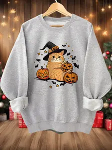 Women's Halloween Themed Cartoon Cat & Pumpkin Print Drop Shoulder Sweatshirt, Casual Long Sleeve Round Neck Pullover for Daily Wear, Ladies Fall & Winter Clothes
