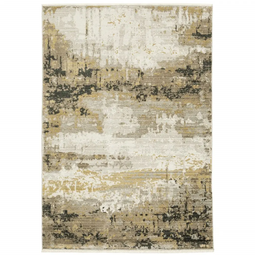 212 MAIN 6x9 ft. Rectangle Cut Pile Abstract Print Fringed Low Pile Rug, Gray Gold Black Charcoal & Beige Power-Loomed, Stain-Resistant Rugs, for Contemporary Living Room Decor & Indoor Use