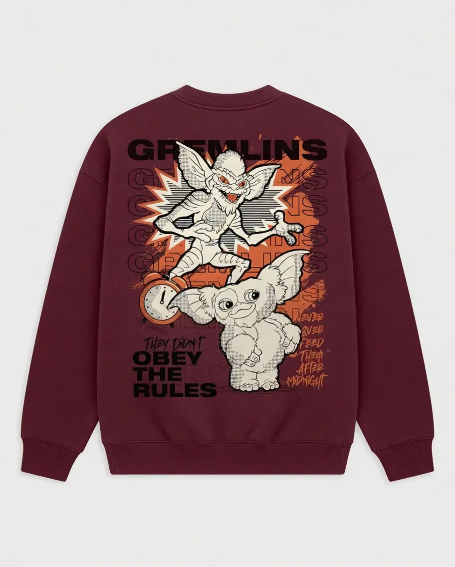 Vintage Gremlins Graphic Sweatshirt Gizmo Stripe Retro 80s Movie Print Maroon Crewneck Pullover Y2K Aesthetic Heavyweight Streetwear for Men Women