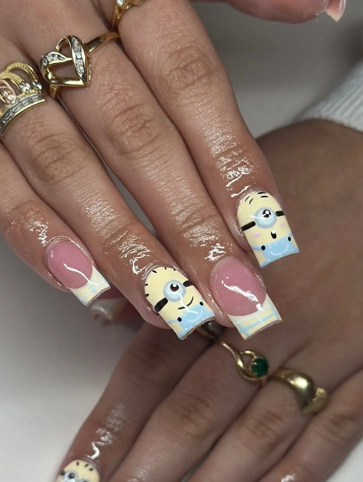 Yellow Cartoon Character Press-On Nails – Cute One-Eye Nail Art, Blue Overall Design, Pastel French Tip False Nail Set