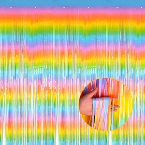 4 Pack Macaron Rainbow Foil Fringe Curtain Backdrop, 3.28Ft x 8.2Ft Metallic Tinsel Foil Fringe Streamer Curtains for Photo Booth, Birthday, Wedding,  Year's, Easter Decorations Party Supplies