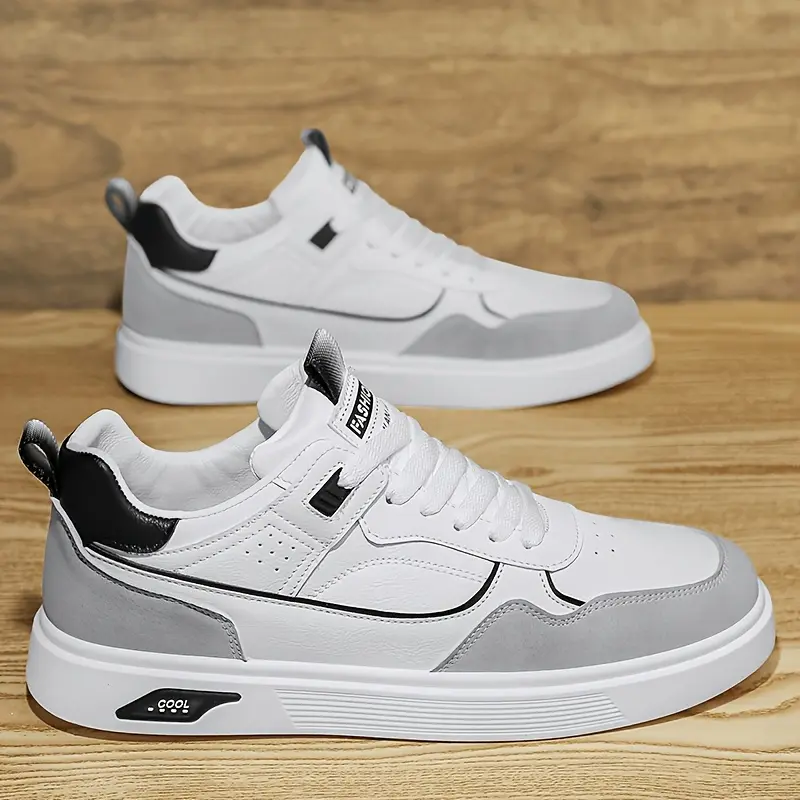 Men's 2024 Low-Top Cut Casual Skate Shoes - Lace-Up Strap Sneakers in White & Gray, Durable PU Upper, PVC Sole, Comfortable Insole for Casual Attire