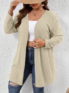 Plus Size Women's Fall Winter Mid-Length Fitted Long Sleeve Cardigan, Versatile Casual Wear, Perfect for Daily, Comfortable Knitwear