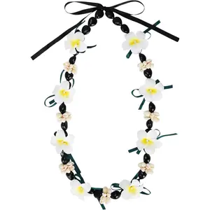 Hawaiian Graduation Black Kukui Nut Leis 2026 Chunky  Flower Heart Shell Beads Necklace Artificial Plumeria Flower  Lei for High School College Graduation Party Accessories