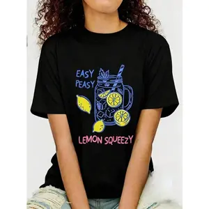 "Easy Peasy Lemon Squeezy" T-Shirt - Cute Lemon Pattern T-Shirt, 100% Cotton, Comfortable Casual Style, Summer Special, White Round Neck, Short-Sleeved T-Shirt 2026Country Concert Outfit FeCasual Graphic Tee,Minimalist Crew Neck Shirt,Stylish Unisex Shirt