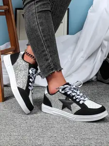 Women's Glitter Star Pattern Casual Sneakers, Low-Top Lace-Up Walking Shoes for All Seasons, Comfortable Eva Sole, Perfect Gift for Parties & Daily Wear