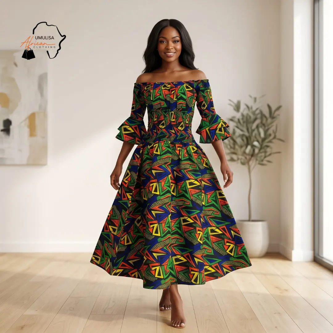 African Print Off Shoulder Midi Dress for Women, Colorful Ankara Flare Dress, Elegant African Party Dress with Bell Sleeves