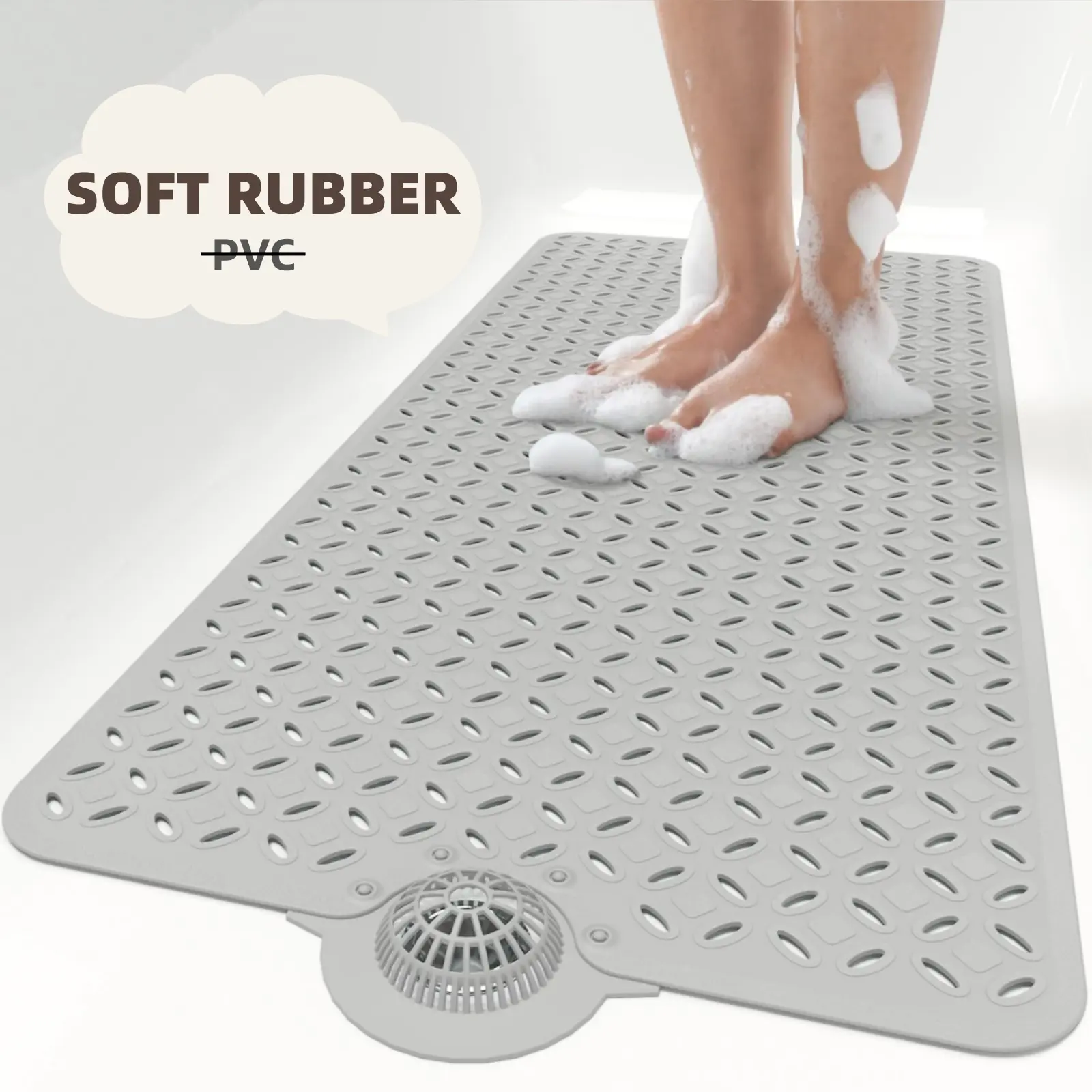 OTHWAY Soft Anti-Slip Pad Bath Mat, 39in x 17in Tub Grip Mat with Hair Catcher, Big Drain Holes, Machine Washable for Shower Use, Anti-Slip Pad Bath Mats