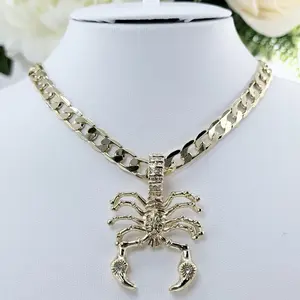 14K Gold Plated Scorpion Pendant with Rhinestone for Men Cuban Chain Necklace Fashion Jewelry