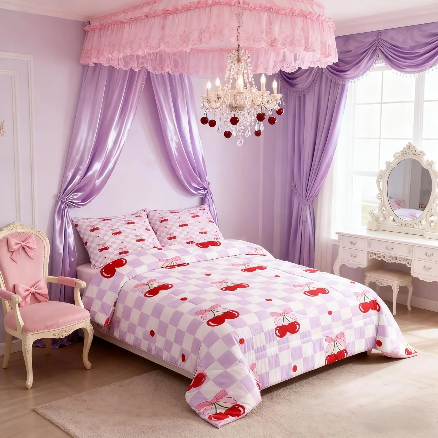 Feelyou Pink Bowknot Printed Patchwork Bedding Set - Soft Warm Bedding,Blanket Bedding Set,Bow Tie Dot Cherry Fruit Design,Geometric Checkerboard Pattern,Purple Princess Duvet Insert,Cozy Setup for Women’s Room Decor,sohochic