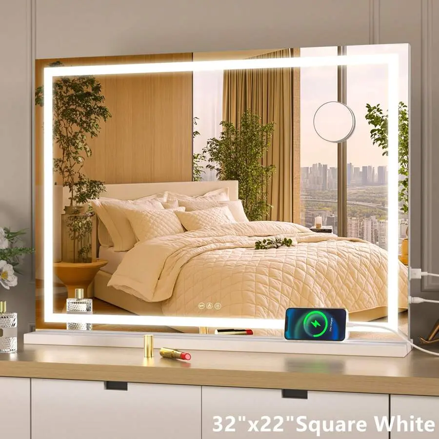 32"X22" LED Makeup Mirror With 3-Color Smart Touch Dimmable, Great For Bedroom, Living Room, Dressing Room, Barber Shop, Hotel, Lovely Christmas Gift Bathroom Decor Summer Makeup Organizer Bathroom Accessories Back To School espejo  para  la  casa