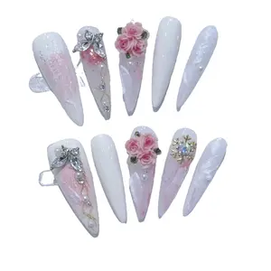 Floral Diamond Removable Press-On Nails for Women Rhinestone Glue White