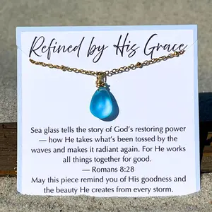 Gold Christian Motivational Necklace, Sea Glass Necklace, Ocean Inspired, Divorce Gift, Bible Verse Gift, Romans 8:28, Refined by Grace