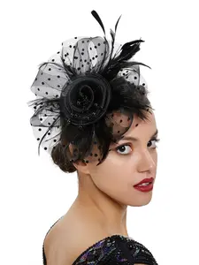 Women's Artificial Feather Mesh Flower Headpiece with Band and Clips, Wedding Tea Party Kentucky Derby Hat, Elegant Floral Hair Accessory