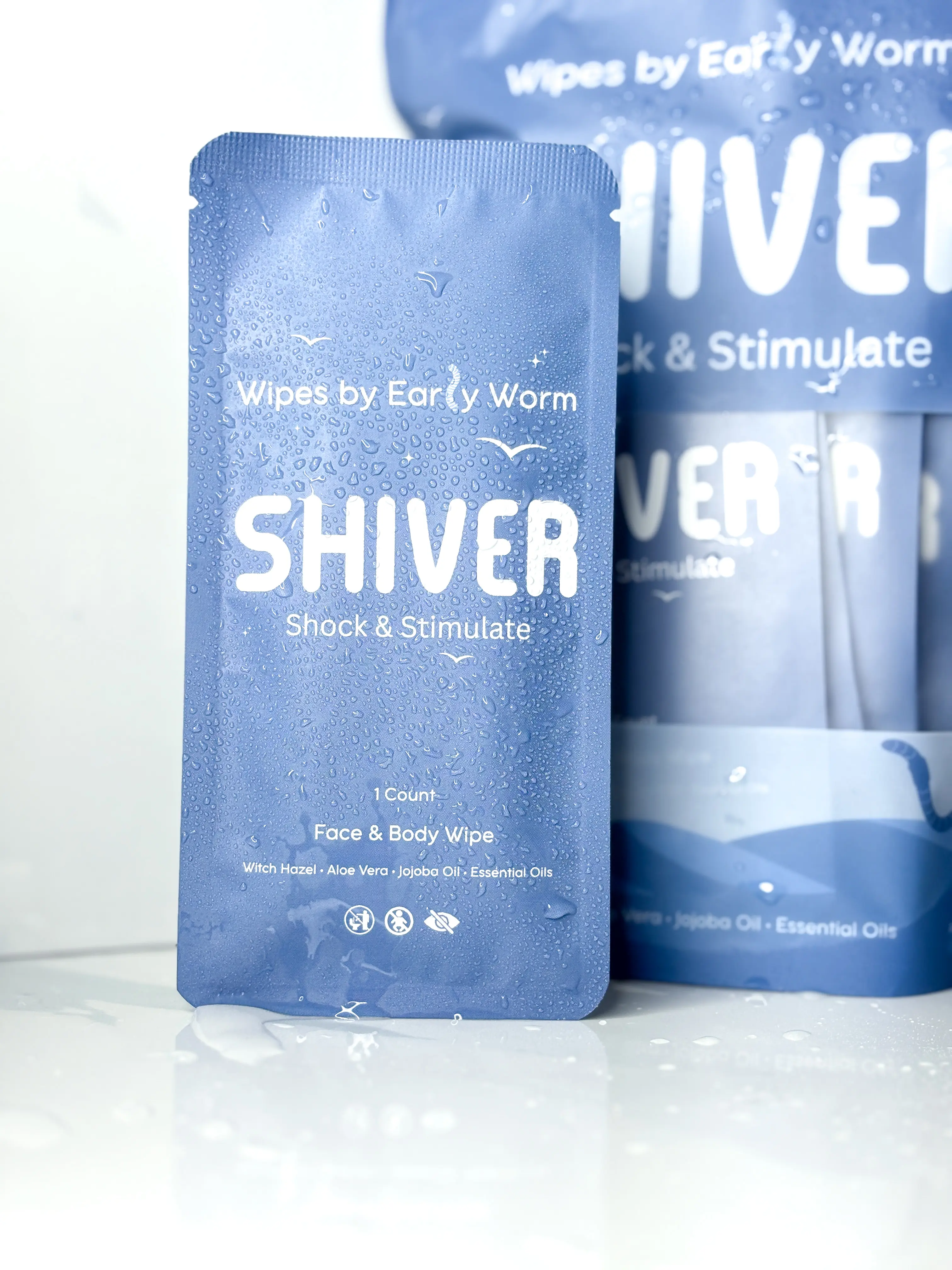 Early Worm Shiver Refreshing Face & Body Wipes for Travel Gym Morning Energy Boost Quick Clean On-the-Go Freshness 15 Single Serving Biodegradable Wipes - Pack