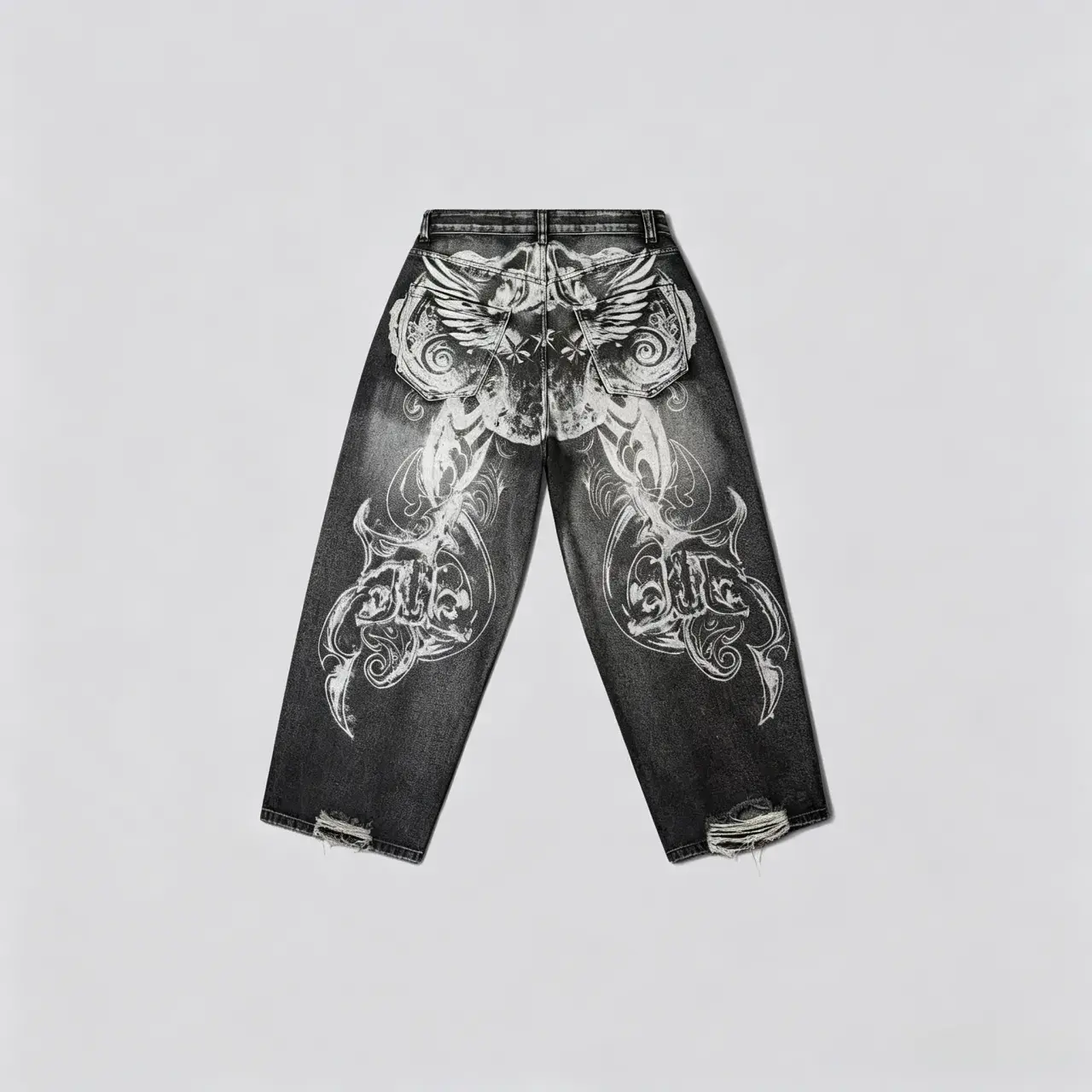 Vintage Gothic Wing Graphic Baggy Jeans, Y2K Streetwear Distressed Washed Denim Pants for Men，Womenswear，