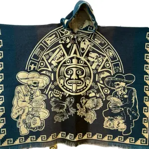 Alpaca poncho Aztec calendar x skeletons x roosters design