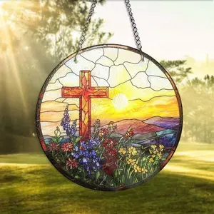 Cross And Sunset Stained Glass Suncatcher, Beautiful Christian Cross Suncatcher Perfect Gift for Loved Ones!