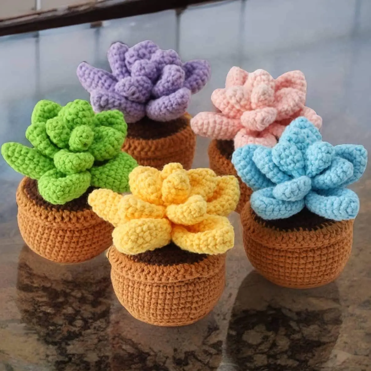 Handmade Crochet Succulent Pachyphytum in Mini Pot - Yarn Crafted in Vibrant Colors for Decorative Appeal
