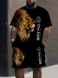 Men's loose short-sleeved printed T-shirt and shorts set, with lion print. The pattern is suitable for summer outings and street wear. Large size.