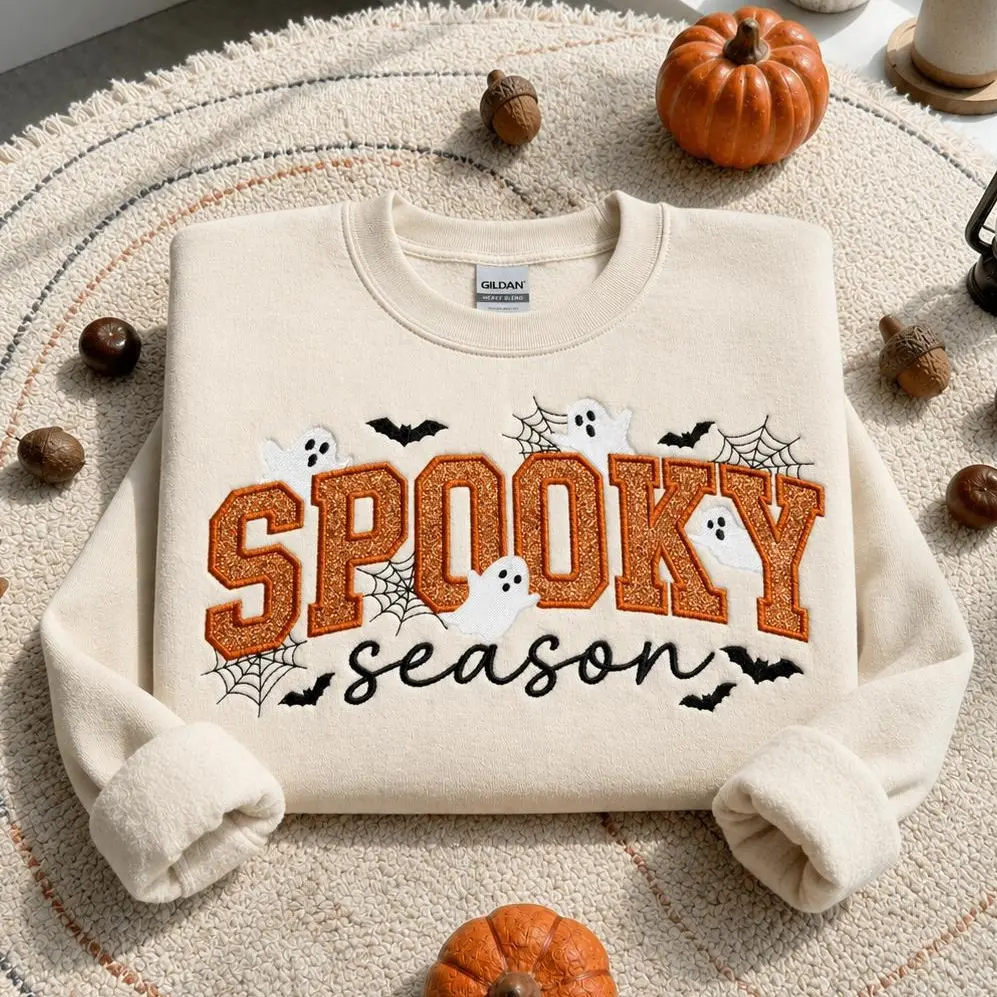 Spooky Season Embroidered Sweatshirt, Halloween Ghost Crewneck, Glitter Orange Letter Sweatshirt, Cute Fall Pullover, Cozy Autumn Gildan Sweatshirt, Pumpkin Season Gift