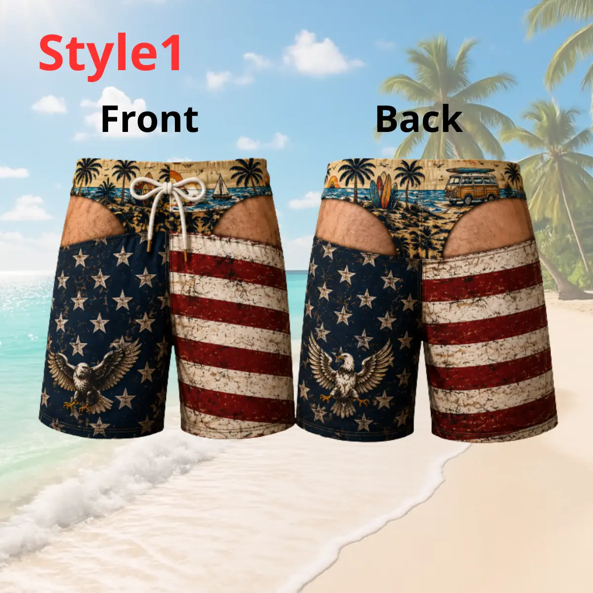 Funny Men's Swim Trunks, Fake Underwear Hawaiian Beach Shorts, Patriotic Eagle Flag Swimwear, Novelty Summer Gift for Men