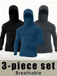 3 Pack Men's Quick-Dry Sports Hoodies With Face Mask - Breathable, High-Elastic Polyester Fabric For Gym, Running & Casual Attire In Navy, Black, And Dark Blue