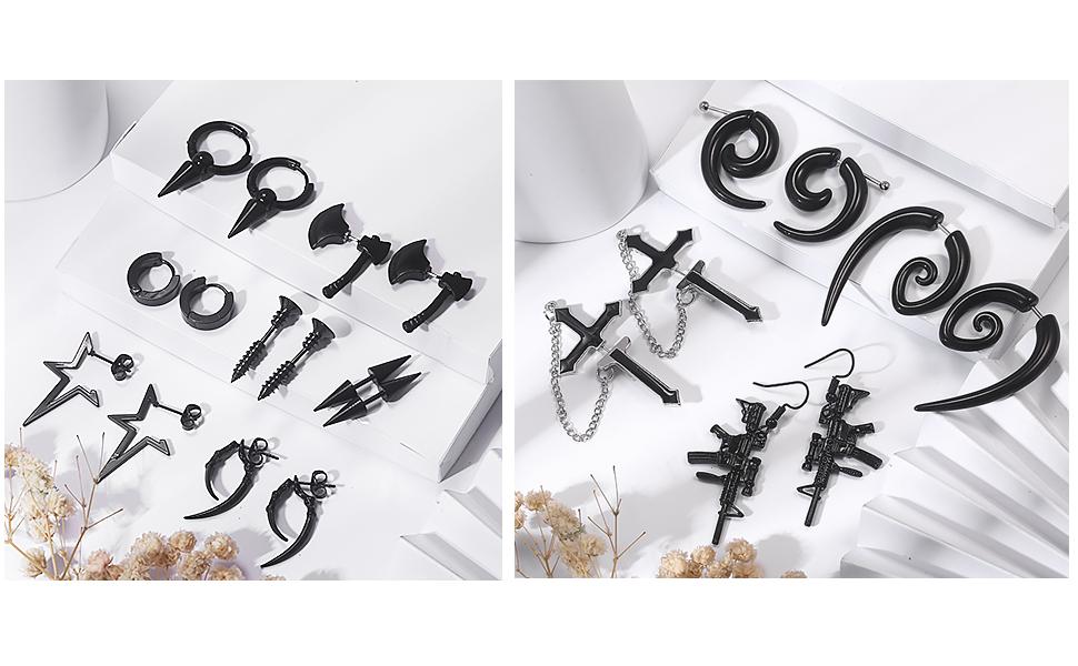 16 Pairs Punk Black Earrings Set for Men with Pendants, Chain-piercing Earrings, Suitable for Women and Unisex Wear, Stainless Steel Punk Earrings for Men,Screw Cone etc Hoop Long Chain Piercing Hoop Earrings Set