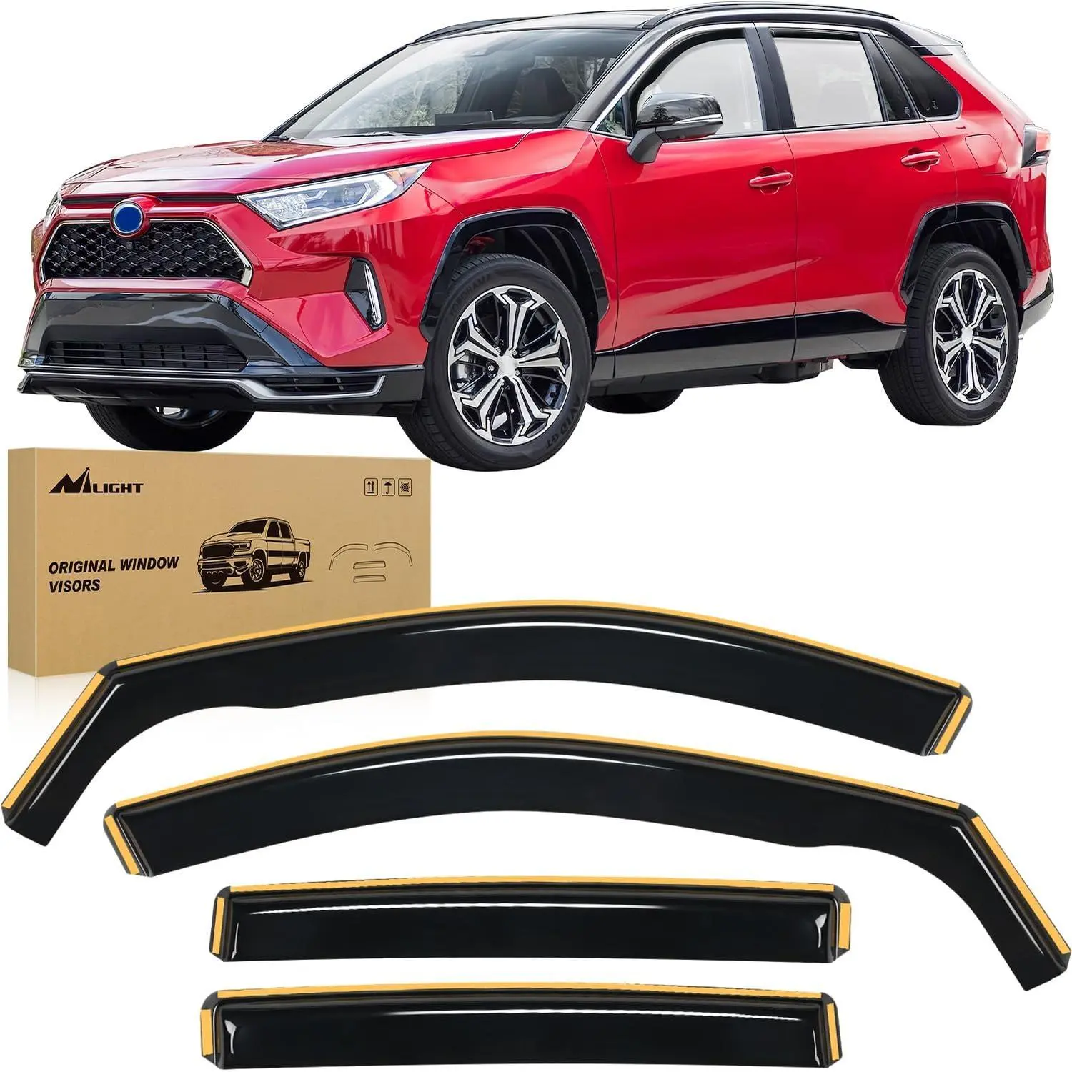 Nilight 4 Pcs In-Channel Acrylic Rain Guards, Aerodynamic Custom-Fit Self-Adhesive Vent Visors for Toyota RAV4 2019-2024, Anti-Fog Shatterproof Wind Protection Car Exterior Accessories (12pcs Clips, 78inch Double-Sided Tape, 1pcs Crowbar), Tool-Free