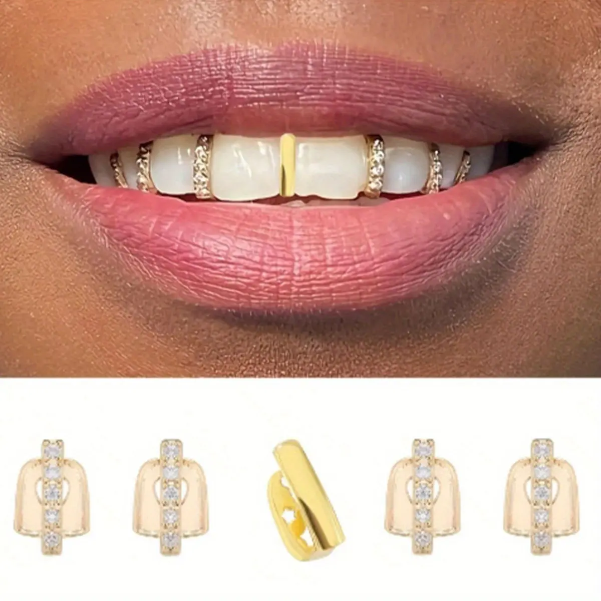 5-Piece Tooth Gems Multi-Pack, Unisex Hip Hop Mosaic Copper Grillz with Synthetic Zirconia, Single Tooth Caps for a Halloween Party Occasion