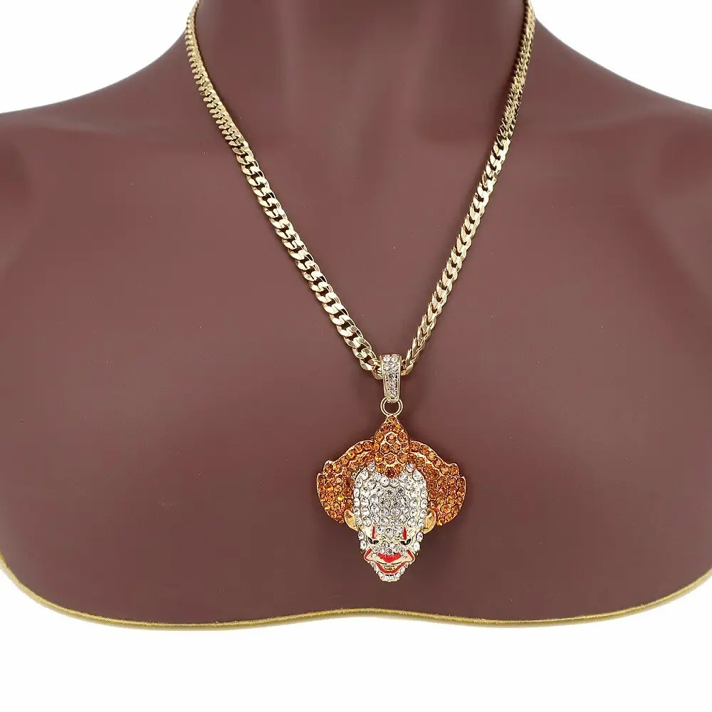 MaxBling81 Crazy Clown CZ Pendant with 14K Stamped 6mm Brass High-End Cuban Chain Necklace, 20" 24" Long Chain, Hip Hop Celebrity Style Daily Wear, Hip Hop Style