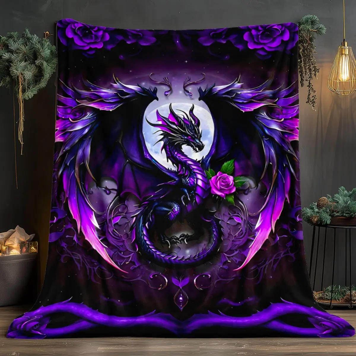 Dragon printed flannelette blanket - dark purple and black dragon scales with white roses and Chinese Loong patterns, soft and warm all-weather universal bedspread, dream bedding