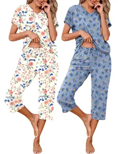 Marvmys Womens 2 Pack Pajama Sets Short Sleeve Pajamas Tops and Capri Pants Pjs Print Lounge Sets with Pockets S-3XL Loungewear Nightwear