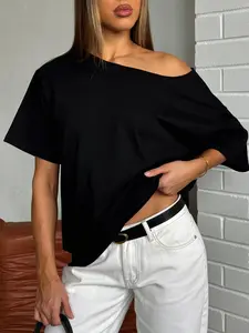 Women's Summer Plain Slim Fit Casual Loose Shoulderless T-Shirt Top, Short Sleeve, Comfortable and Versatile, Perfect for Daily Wear