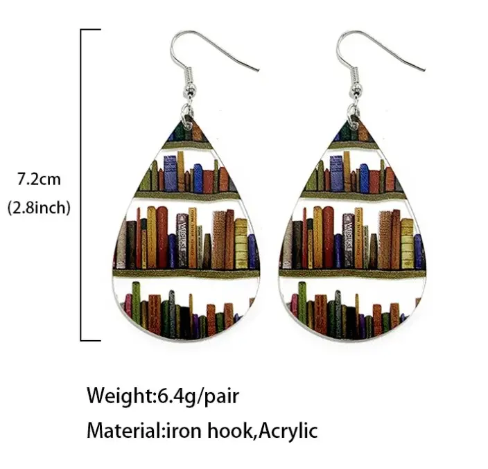 Book & Busy Bookshelf Drop Earrings for Women Librarian Book Club Teacher Reader Gifts Jewelry 7.2cm Acrylic Design Iron Alloy Hook 6.4g Pair