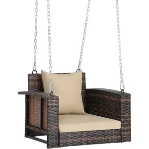 Porch Swing, 2FT Hanging Outdoor Porch Swings for Adults, Square Wicker 1 Person Patio Swing, with Cushion, Pillow and Chain for Garden, Backyard, Weight Capacity - 440lbs Brown & Khaki