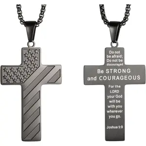 Stainless Steel US Flag Cross Necklace Bible Verse Bible Classics Cross Pendant Necklace for Men
