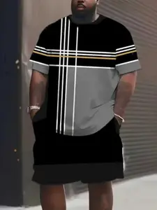 Men's Striped Print Summer Clothing Set, Short Sleeve Round Neck T-Shirt and Waist Pocket Shorts, Loose Fit, All Seasons