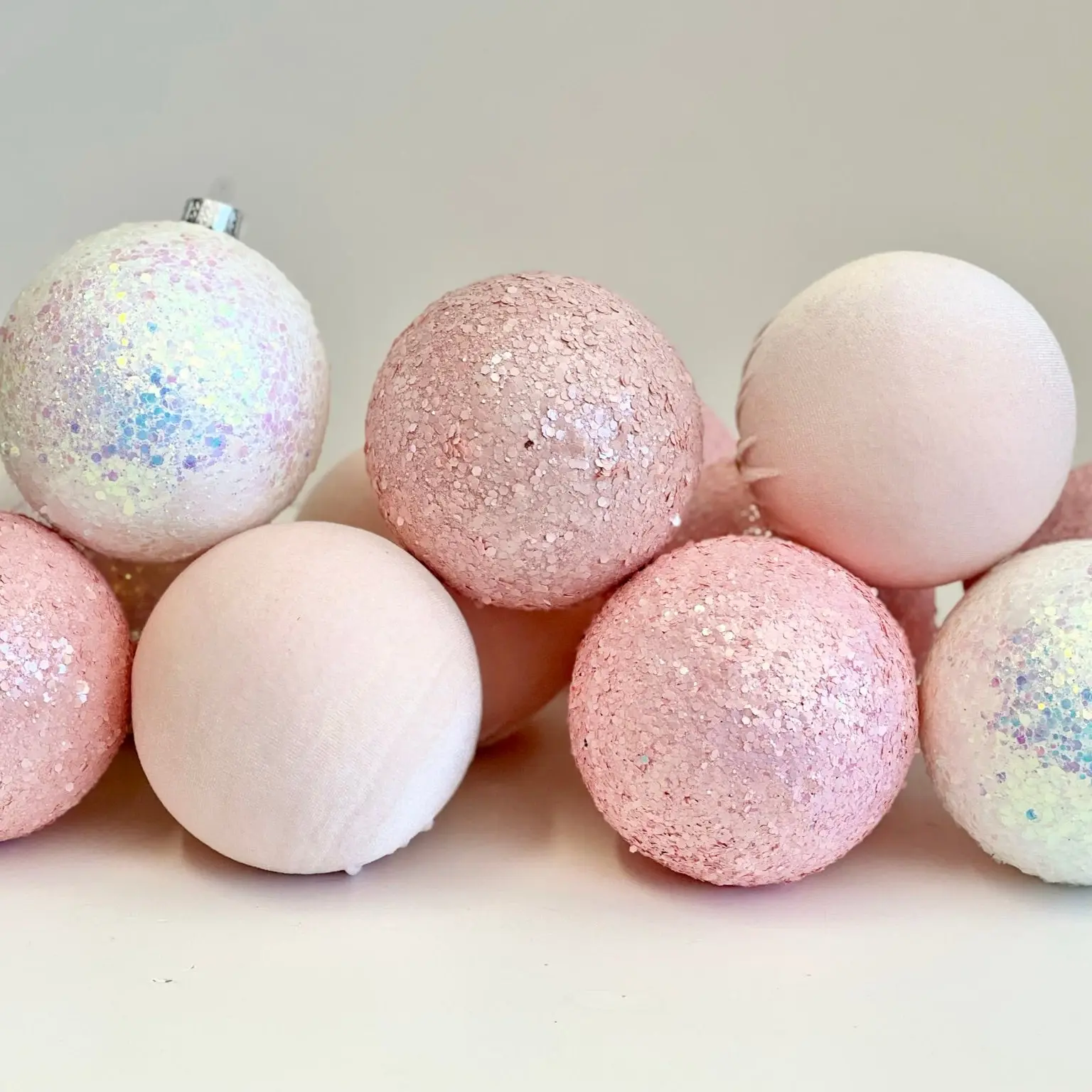 Handmade Pastel Pink Christmas Ornaments: Velvet Glitter Balls, Set of 12