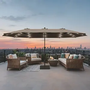 FUFU&GAGA 15ft Large Solar Umbrella Outdoor Patio Yard Umbrella Double-Sided Rectangle Market 36 LED Lights Patio Umbrella with 12 Sturdy Ribs