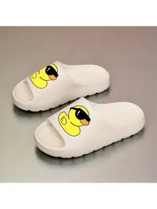 1 pair of women's summer indoor shoes, featuring a cartoon yellow duck print design, with a thick, non-slip sole and soft insole. These ergonomic slippers are hand washable and provide additional height. Women's shoes
