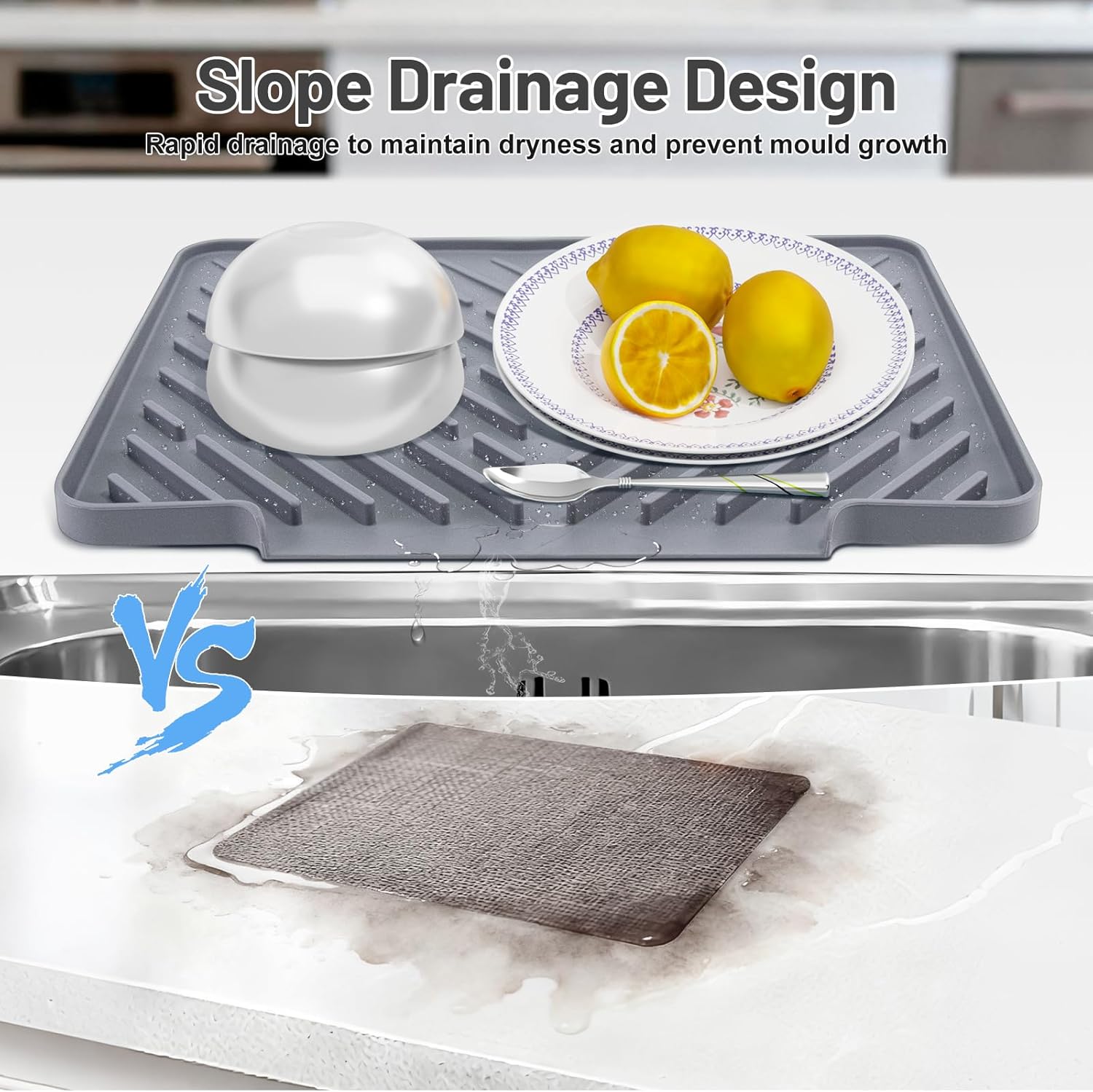 Silicone Kitchen Dish Drying Mat with Wide Drain Spout, Non-Slip with 4 Suction Cups, Heat-Resistant Pad Featuring Hanging Hole for Sink, RV, Camper, or Travel Use
