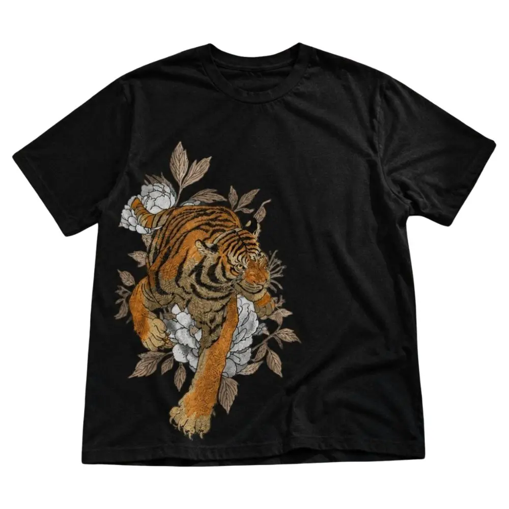 Vintage Tiger and Peony Flower Graphic T-Shirt, Botanical Big Cat Tee, Japanese Inspired Wildlife Shirt, Unisex Nature Gift, Nature Lover Gift, Crew Neck Shirt, Trending Shirt